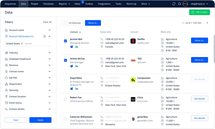 A user interface from the tool showcasing contact and account management features. Includes filters for account name, location, industry, employee size, and revenue, along with a detailed contact list and action buttons for efficient data organization.