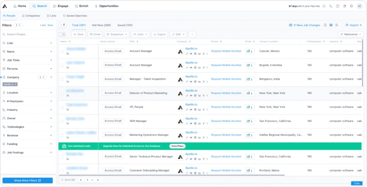 Apollo interface showing filters for job titles, company, location, and more, along with a table of people search results that include names, titles, companies, and locations for lead generation and outreach.