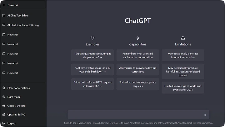 The ChatGPT user interface highlighting features such as examples, capabilities, and limitations. Includes menu options for new chats, ethical guidance, updates, and community access, with a sleek dark theme for readability.